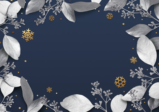 Christmas holiday background. Empty place for text in a frame of silver leaves and snowflakes. Design element for Christmas and New Year cards, banners. Top view. 3d illustration.