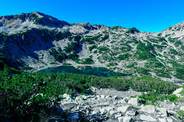 High mountain lake. Alpine nature, summer landscape backdrop.