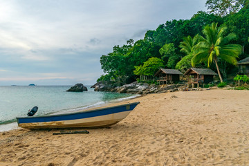 Naklejka na ściany i meble Mira Beach, Kecil, Perhentian Islands, Malaysia; 19-May-2019; Cottages by the sea, Mira Beach, Kecil, Perhentian Islands, Malaysia