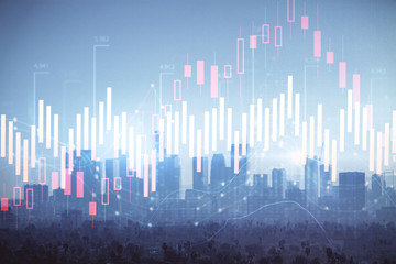 Forex chart on cityscape with skyscrapers wallpaper double exposure. Financial research concept.