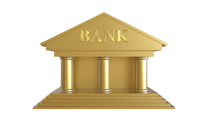 3d illustration of a bank in gold color isolated on white