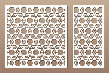 Set decorative card for cutting. Arabic geometric mosaic pattern. Laser cut. Ratio 1:1, 1:2. Vector illustration.