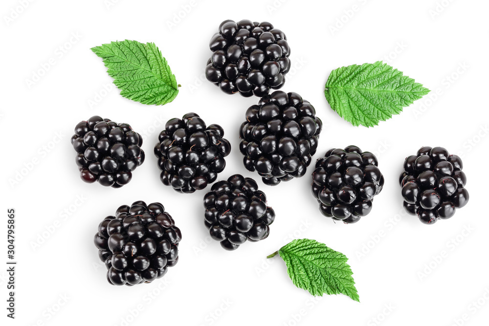 Wall mural Fresh blackberry with leaves isolated on white background. Top view. Flat lay pattern - Wall murals