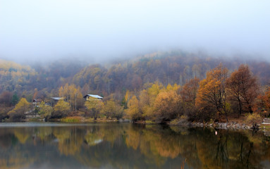 Fog over autumn forest and calm lake