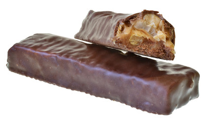 Chocolate bar with peanut and puffed rice isolated