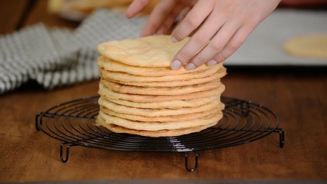 Fresh Puff Cakes for Napoleon Cake Puff pastry for dessert Milfey. Beautiful, background.