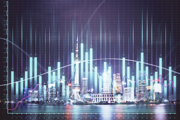 Financial graph on night city scape with tall buildings background multi exposure. Analysis concept.