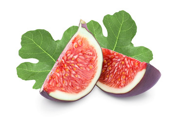 Fresh fig slice fruit with leaf isolated on white background