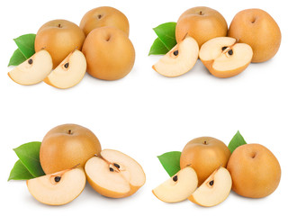 Set or collection fresh asian pear with leaf isolated on white background