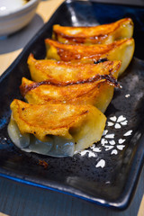 Closeup of Japanese Style Fried Gyoza (Dumplings) in Black Plate. Authentic shot at restaurant.