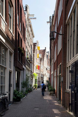 View of man walking on a narrow street in Amsterdam. Historical, traditional and typical buildings and many plants are in the view. It is a sunny summer day.