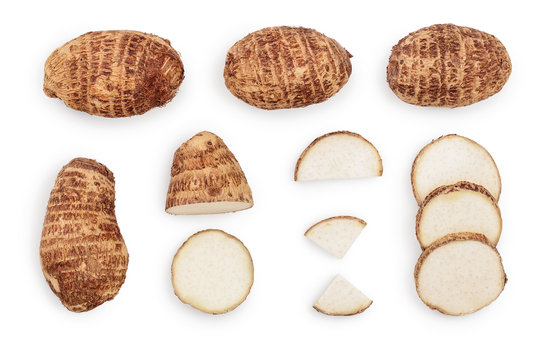 fresh taro root isolated on white background. Top view. Flat lay. Set or collection