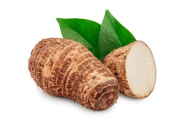 fresh taro root with half and leaf isolated on white background