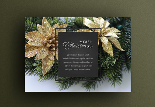 Christmas Card Layout with Green Garland and Gold Flowers