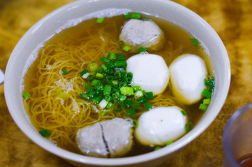Hong Kong Fish Ball Noodle Soup on Local Restaurant Dining Table