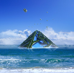 Futuristic architecture with an island city and drones © 3000ad