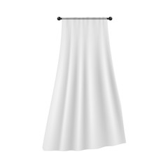Realistic single white curtain hanging on black rod with flowing silk fabric
