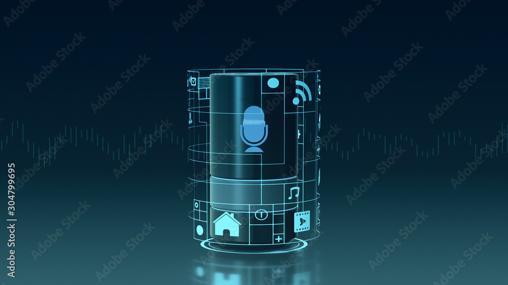 Poster smart speaker or voice assistant with grid of icons around it, concept of smart home and iot (3d ren