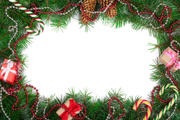 Christmas frame decorated isolated on white background with copy space for your text. Top view.