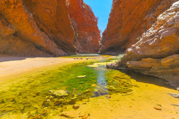 Permanent waterhole in Simpsons Gap in West MacDonnell National Park, Northern Territory near Alice Springs on Larapinta Trail in Central Australia. Popular landmark in Australian outback.