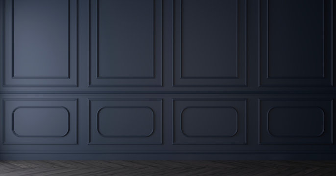 Dark blue wall with molding and wood parquet floor. 3d render