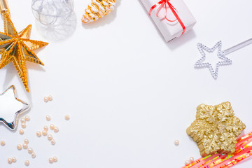 Fototapeta na wymiar Christmas toys and decorations on a white festive background