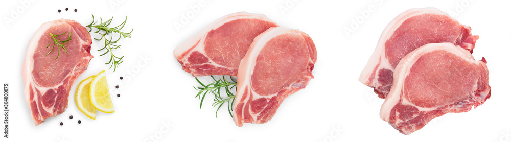 Wall mural sliced raw pork meat isolated on white background. top view. flat lay. set or collection