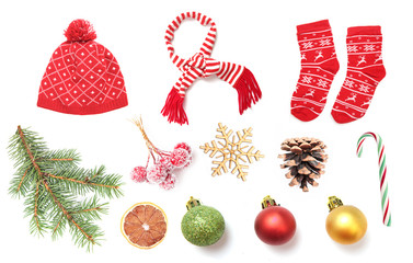 Set of christmas holiday objects isolated.Collage of new year decorations.