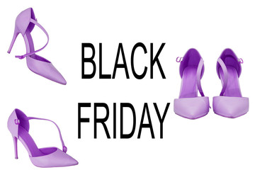 women shoes discount. Heels with sale sign and black friday text.