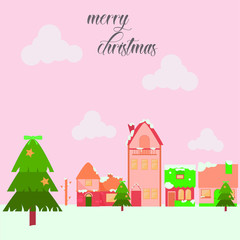 christmas town day with pink background. flat design illustration