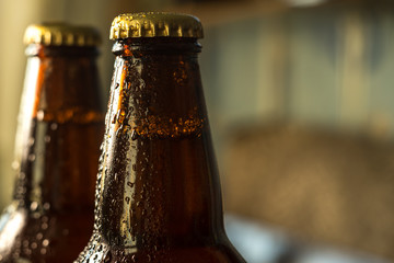 cold beer bottle in droplets of water of their refrigerator