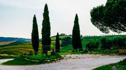 View of a autumn day in the Italian rural landscape. Unique tuscany landscape in fall time. Wave hills, cypresses trees and cloudy sky. Vintage tone filter effect.