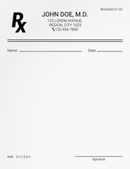 Blank Rx prescription form. Medical treatment and drugs list.