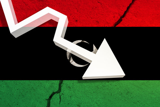 Libya Flag on the cracked wall with arrow falling down. Concept of decrease in the country. 3D Illustration