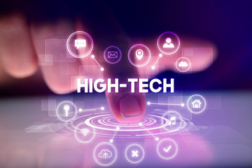Finger touching tablet with web technology icons and HIGH-TECH inscription, web technology concept