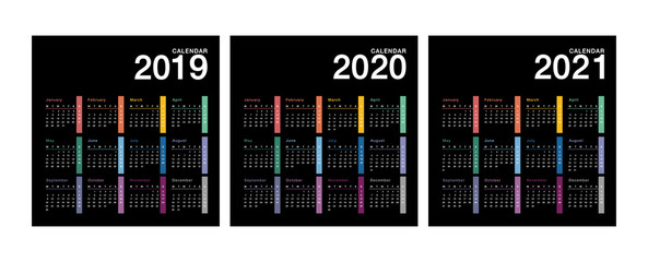 Year 2019 and Year 2020 and Year 2021 calendar vector design template, simple and clean design. Calendar for 2019 and 2020 on Background for organization and business. Week Starts Monday. 