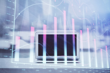 Forex graph hologram on table with computer background. Multi exposure. Concept of financial markets.