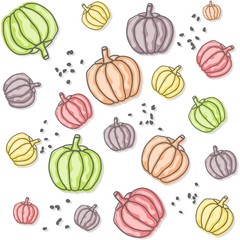Seamless retro pattern made of pastel colored pumpkins. Scandinavian, nordic style