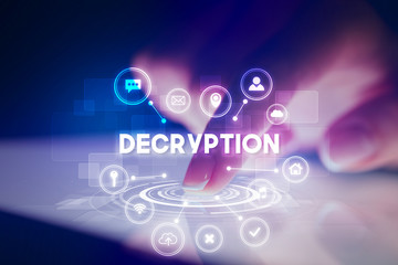 Finger touching tablet with web technology icons and DECRYPTION inscription, web technology concept