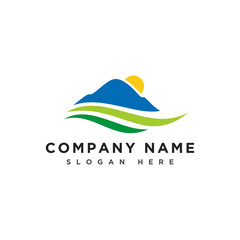 Mountains and river logo, mountains hill landscape logo, farm land icon, logotype vector template