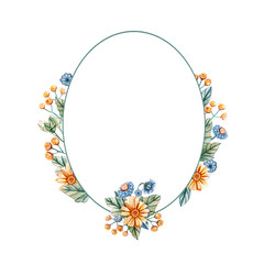 Floral oval frame of watercolor wildflowers.