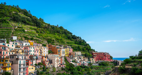 Fototapeta na wymiar Manarola, Italy. Landmark village in Cinque Terre national park in Italy, Liguria. UNESCO world heritage site. Manarola is famous and popular travel destination.