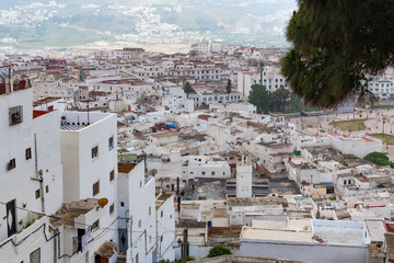 View of the Tetouan Medina quarter in Northern Morocco with old buildings roofs.