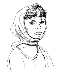 Pop art style girl. Scarf on the head, vintage drawing, made with ink.