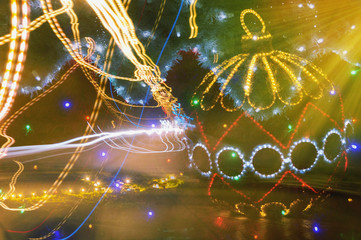 Different Christmas decorations, lights and illuminations , abstract New Year background. Digital composite