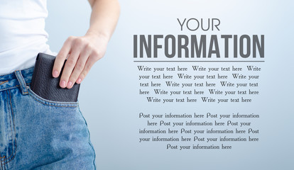 Woman wallet in jeans pocket on gray light background. Isolation, space for text