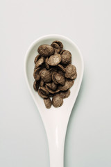 Chocolate drops in spoon