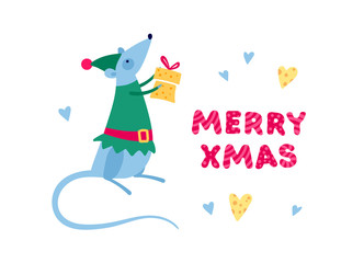 Vector cute flat mouse character illustration. Christmas symbol concept. Gray rat in elf outfit with cheese gift box and merry xmas text. Design element for banner, poster, greeting card, invitation.