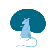 Vector cute flat mouse character illustration. Chinese oriental new year concept. Gray cartoon rat standing on blue fluid background. Design element for banner, poster, greeting card, invitation.