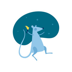 Vector cute flat mouse character illustration. Chinese new year celebration concept. Gray cartoon rat dance with flag on blue fluid background. Design element for banner, poster, card, invitation.